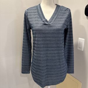 LOFT Women's Blue Print Knit Viscose V Neck Long Sleeve Pullover Top Blouse S